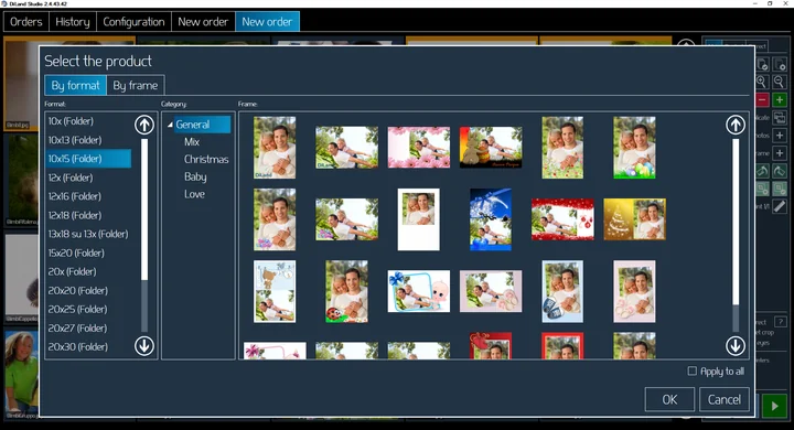 Select your frames, borders, logos as list or into dedicated products